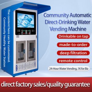 IoT-enabled 13-stage filtration system for remote monitoring of 24-hour self-service water vending machines.