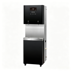 Direct-drinking water machine utilizing heat exchange technology to heat cold water with hot water.