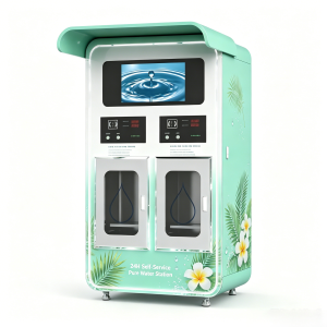 Customizable 24-hour self-service water vending machine featuring 14-stage filtration and an IoT system; available in sheet metal, foamed, or stainless steel housing.